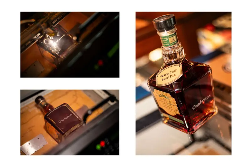 Product photography series of a single-barrel whiskey bottle being custom engraved